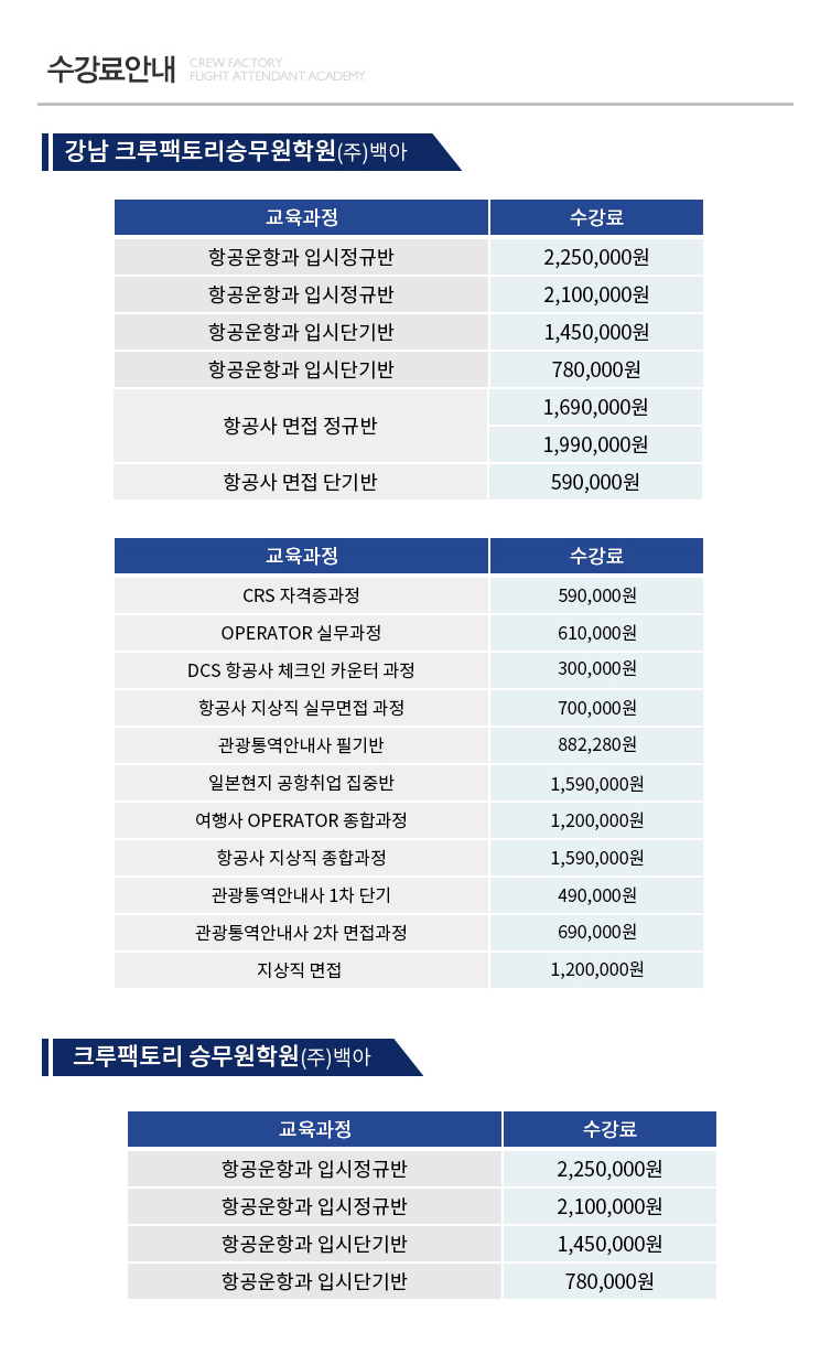 승무원학원 수강료